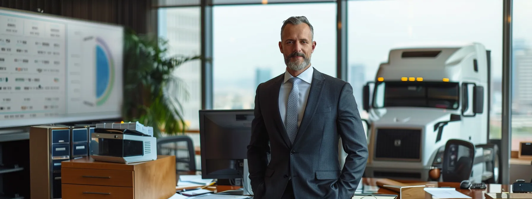 a confident truck accident lawyer stands in a sleek modern office, surrounded by legal documents and a computer displaying truck accident statistics, conveying expertise and dedication to client advocacy.