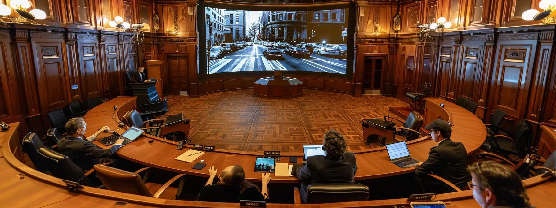 a dramatic courtroom setting showcases a jury intently observing a traffic accident reconstruction video projected behind a lawyer passionately arguing liability, with clear evidence highlighted to emphasize the complexities of comparative negligence in denver.