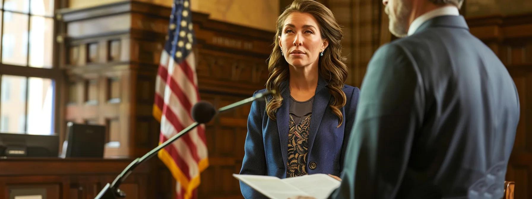 a dramatic urban courtroom setting showcases a confident attorney presenting crucial evidence to a judge, emphasizing the importance of legal representation in navigating denver traffic accident claims.