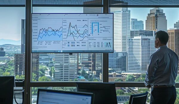 a focused office scene showcases a professional discussing denver traffic accident claims, with a backdrop of city skyline remnants and a large digital display illustrating key data points on victim statistics.